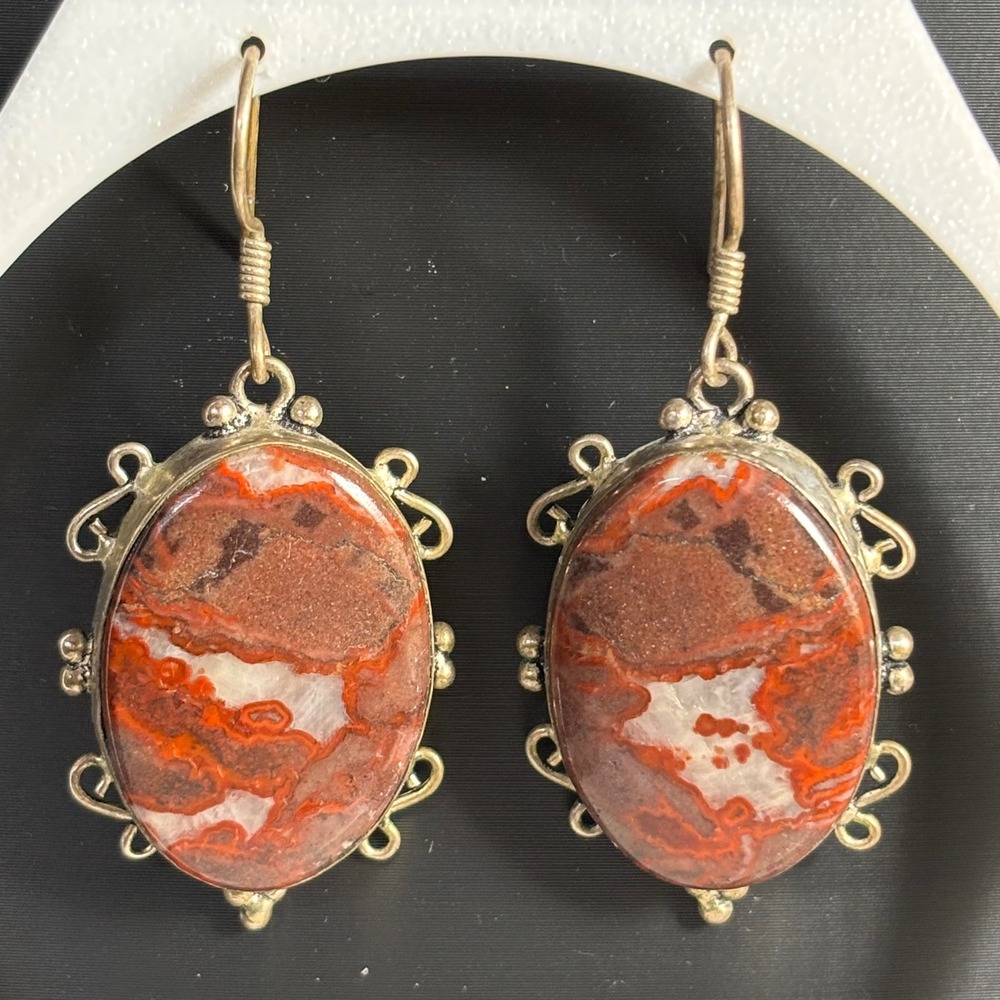 Vintage Red Jasper 925 Sterling Silver Artisan Scroll Oval Drop Earrings